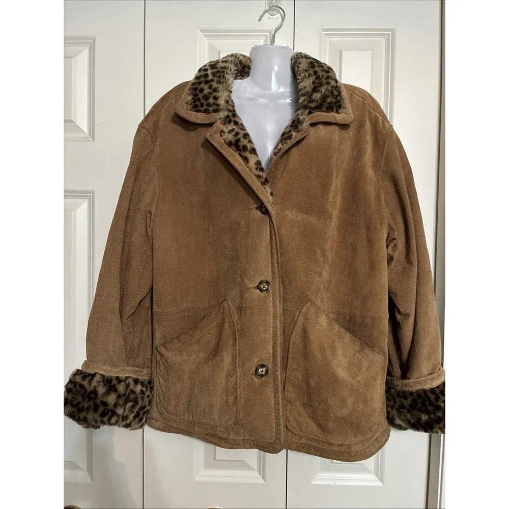 Women's Marvin Richards J. Percy Leather Faux Fur Coat Leopard Lining Sz XS Vtg